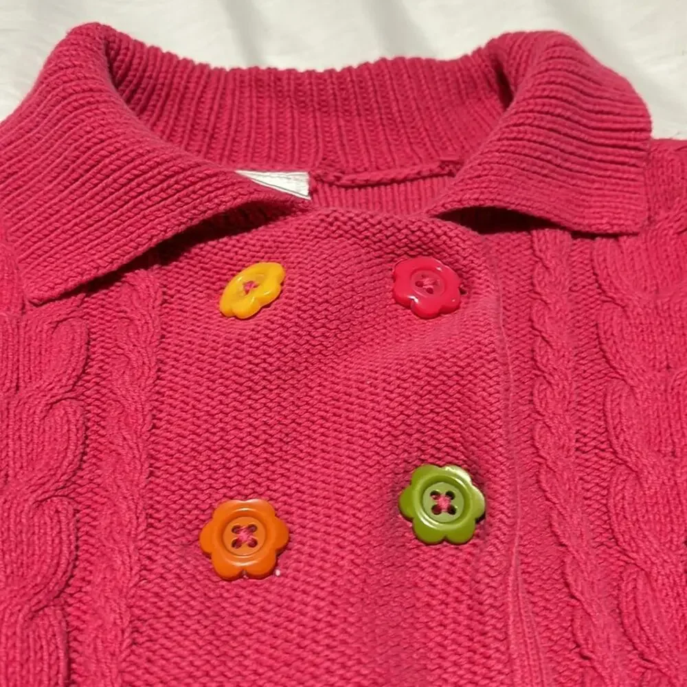Gymboree S 5/6 hot pink chunky cable knit cardigan bright flower buttons euc
